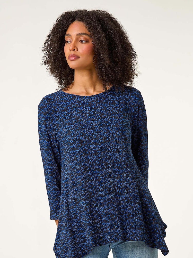 Roman Blue Printed Plisse Hanky Hem Tunic Stretch Top - Image 1 of 5