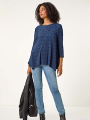 Roman Blue Printed Plisse Hanky Hem Tunic Stretch Top - Image 3 of 5