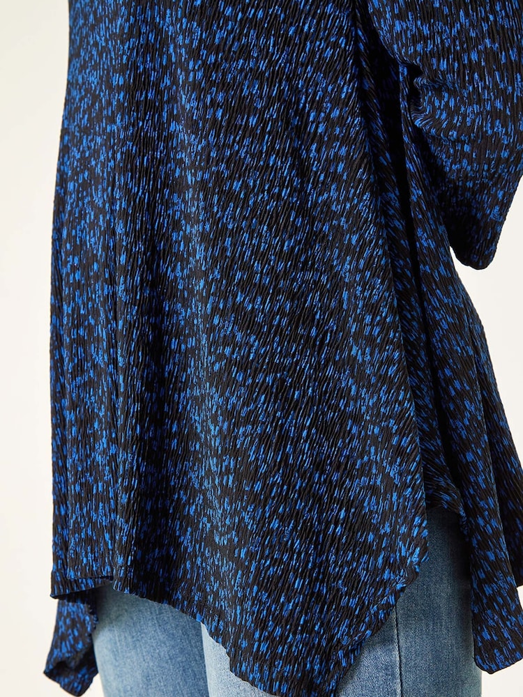 Roman Blue Printed Plisse Hanky Hem Tunic Stretch Top - Image 5 of 5