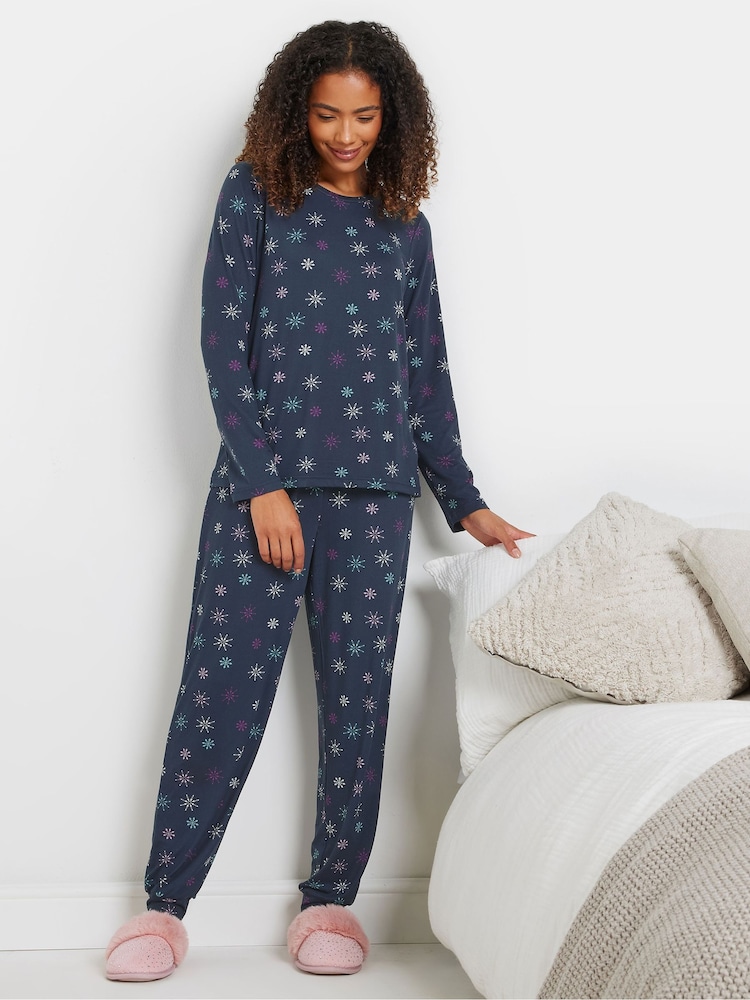 M&Co Blue Soft Touch Long Sleeve Heartflake Pyjamas Set - Image 2 of 5