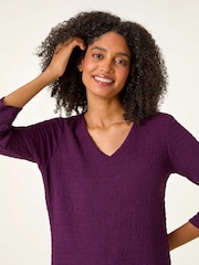 Roman Purple Textured V-Neck Stretch A-Line Dress - Image 5 of 6