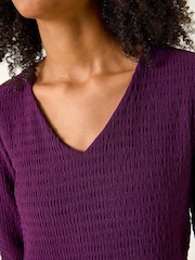 Roman Purple Textured V-Neck Stretch A-Line Dress - Image 6 of 6