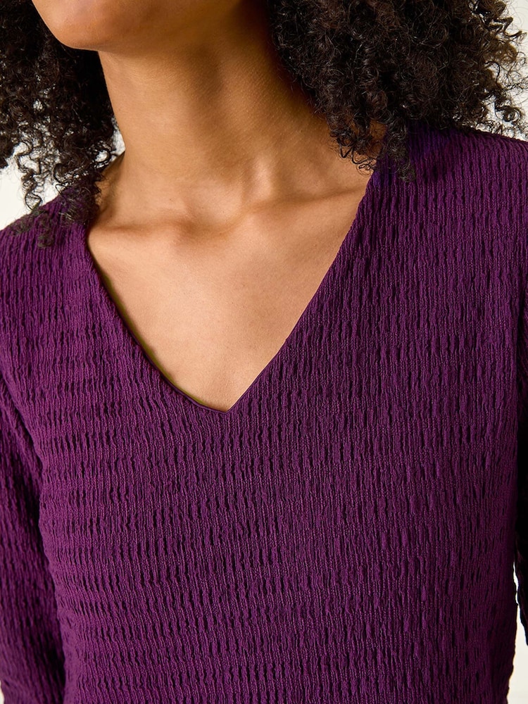 Roman Purple Textured V-Neck Stretch A-Line Dress - Image 6 of 6