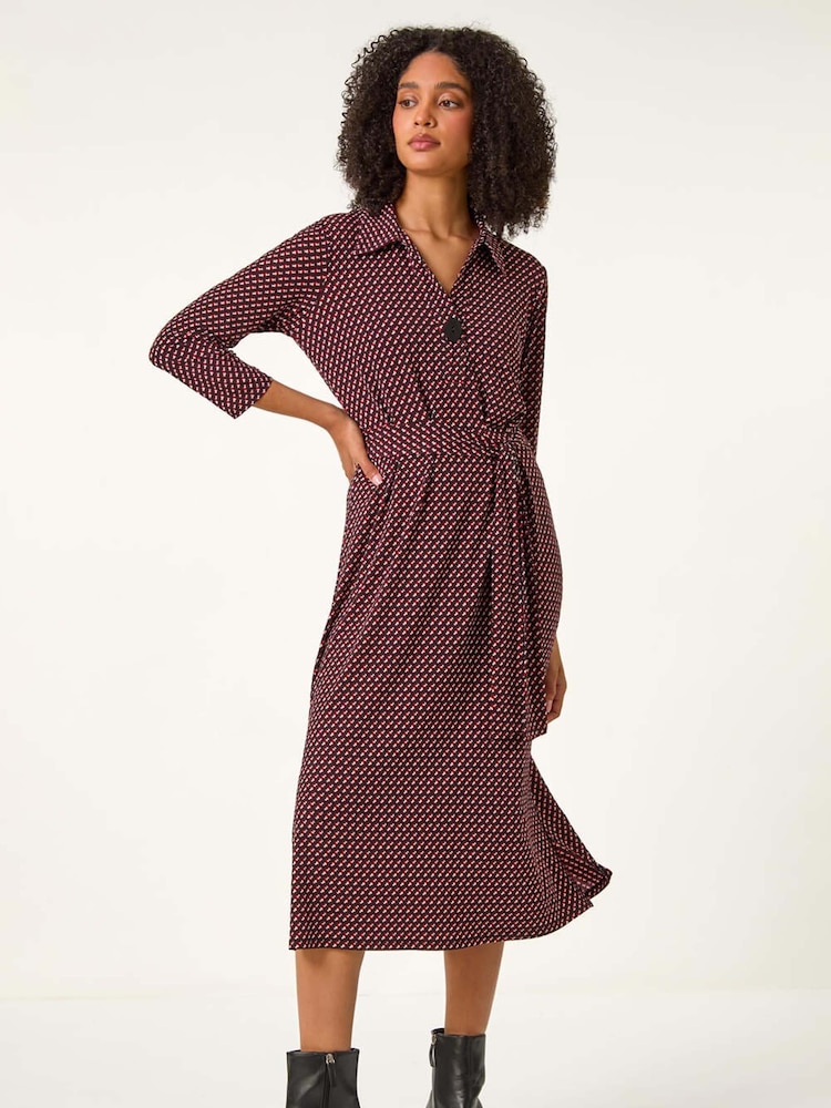 Roman Red Geometric Shirt Midi Dress - Image 2 of 5