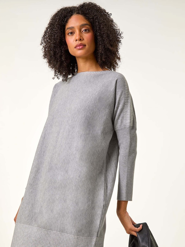 Roman Grey Contrast Spot Border Knit Jumper Dress - Image 1 of 5