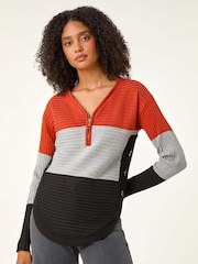 Roman Orange 3 Colour Block Zip Front Knit Cardigan - Image 3 of 5