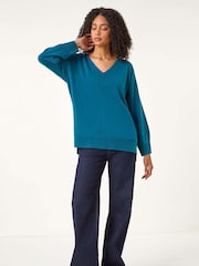 Roman Blue Soft V-Neck Side Split Knit Sweater - Image 1 of 5