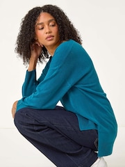 Roman Blue Soft V-Neck Side Split Knit Sweater - Image 2 of 5