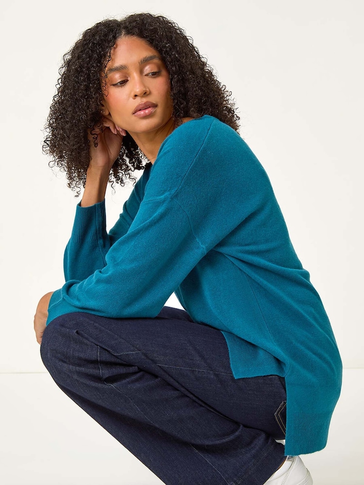 Roman Blue Soft V-Neck Side Split Knit Sweater - Image 2 of 5