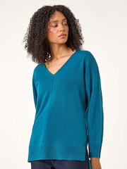 Roman Blue Soft V-Neck Side Split Knit Sweater - Image 4 of 5