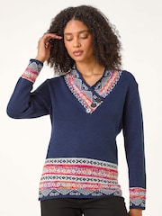 Roman Blue Nordic Print Button Detail Jumper - Image 1 of 5