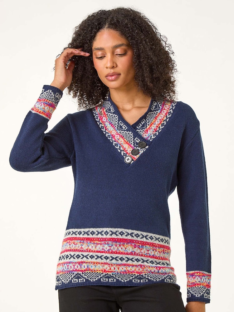 Roman Blue Nordic Print Button Detail Jumper - Image 1 of 5