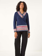 Roman Blue Nordic Print Button Detail Jumper - Image 2 of 5