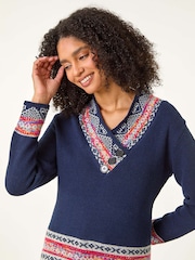 Roman Blue Nordic Print Button Detail Jumper - Image 4 of 5