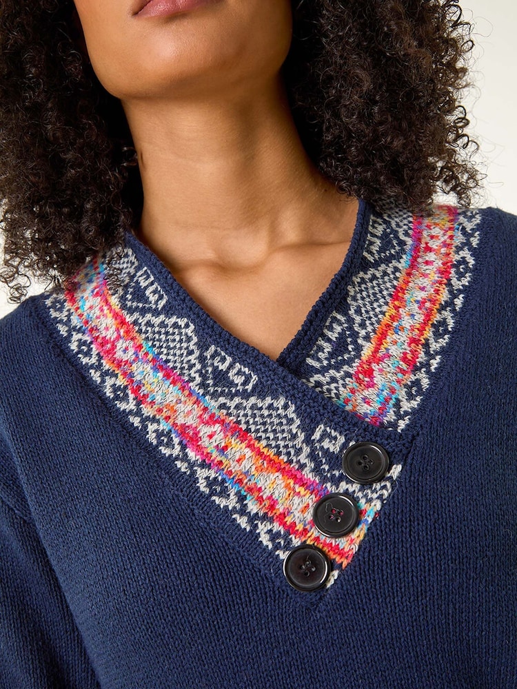 Roman Blue Nordic Print Button Detail Jumper - Image 5 of 5