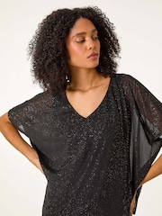 Roman Black Glitter Mesh Overlay Tunic Stretch Top - Image 1 of 5