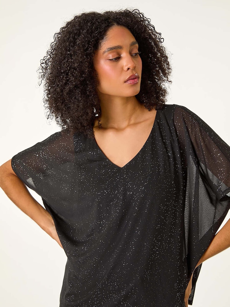 Roman Black Glitter Mesh Overlay Tunic Stretch Top - Image 1 of 5