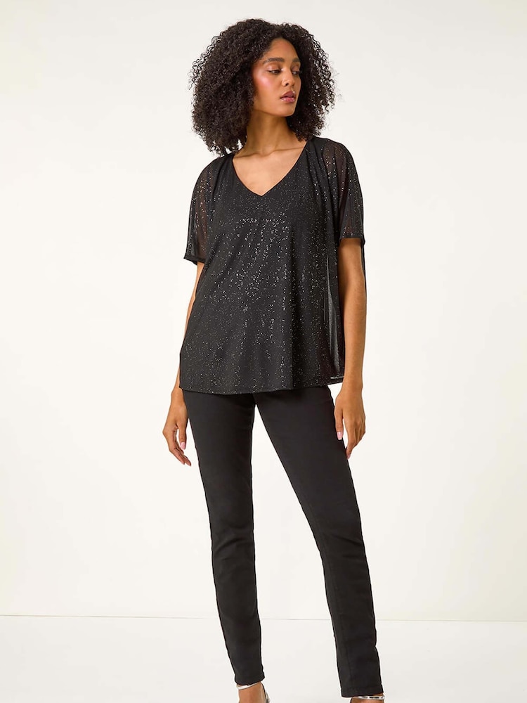Roman Black Glitter Mesh Overlay Tunic Stretch Top - Image 2 of 5