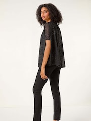 Roman Black Glitter Mesh Overlay Tunic Stretch Top - Image 3 of 5
