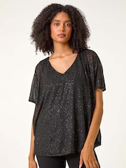 Roman Black Glitter Mesh Overlay Tunic Stretch Top - Image 4 of 5