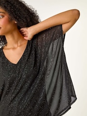 Roman Black Glitter Mesh Overlay Tunic Stretch Top - Image 5 of 5