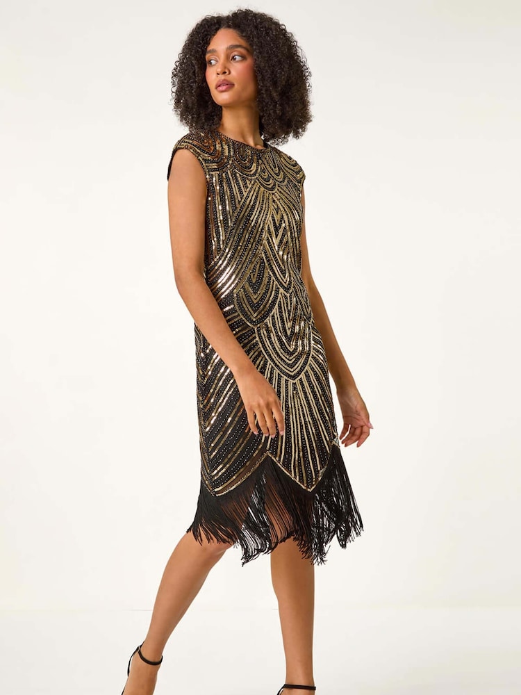 Roman Metallic Sleeveless Art Deco Sequin Tassel Bodycon Dress - Image 2 of 5
