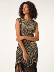 Roman Metallic Sleeveless Art Deco Sequin Tassel Bodycon Dress - Image 4 of 5