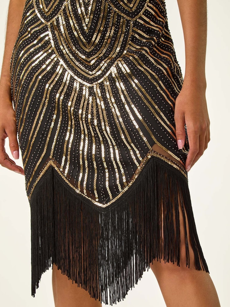 Roman Metallic Sleeveless Art Deco Sequin Tassel Bodycon Dress - Image 5 of 5