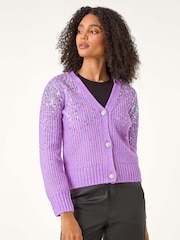 Roman Purple Sequin Knit Buttoned Cardigan - Image 5 of 6