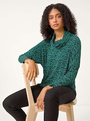 Roman Green Print Relaxed Cowl Neck Tunic Top - Image 1 of 5