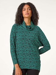 Roman Green Print Relaxed Cowl Neck Tunic Top - Image 4 of 5