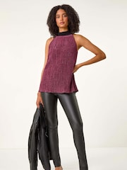 Roman Pink Glitter Plisse Halter Neck Top - Image 1 of 6