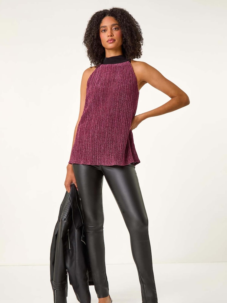 Roman Pink Glitter Plisse Halter Neck Top - Image 1 of 6