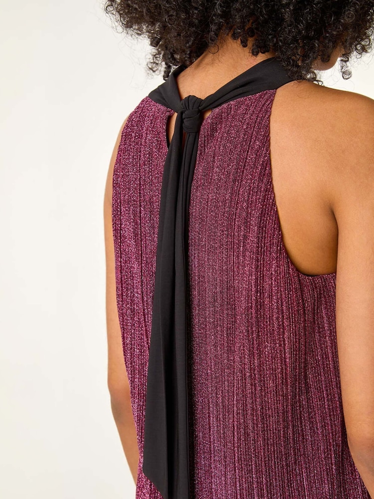 Roman Pink Glitter Plisse Halter Neck Top - Image 6 of 6