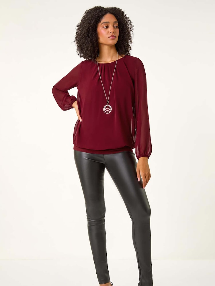 Roman Red Chiffon Banded Hem Pleated Top - Image 2 of 5