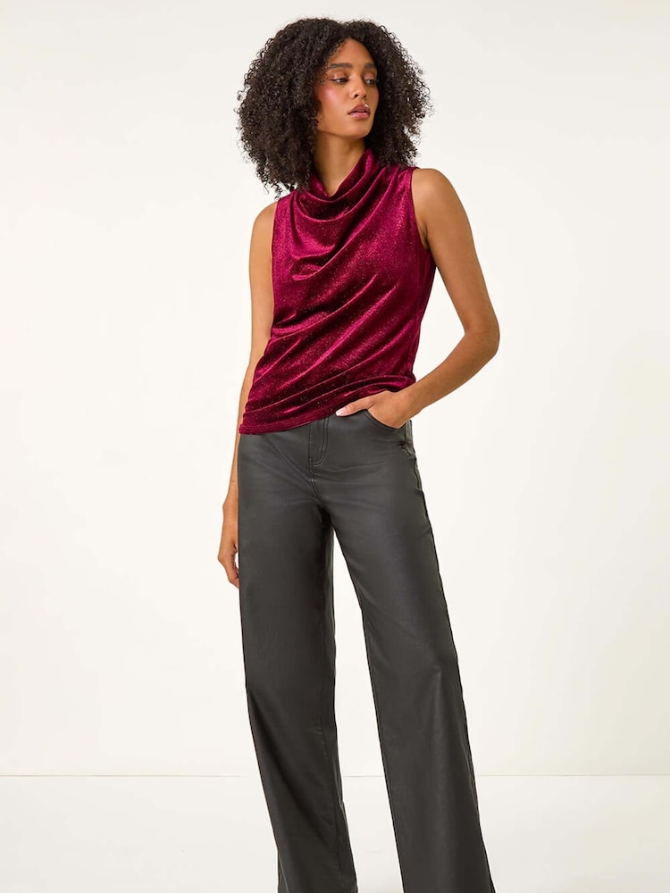 Roman Glitter Velvet Cowl Neck Stretch Top - Imagen 2 de 5