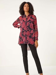 Roman Red Floral Longline Button Detail Shirt - Image 2 of 5