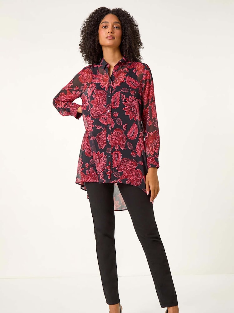 Roman Red Floral Longline Button Detail Shirt - Image 2 of 5