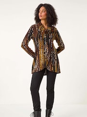 Roman Brown Animal Print Cowl Neck Tunic Top - Image 1 of 5