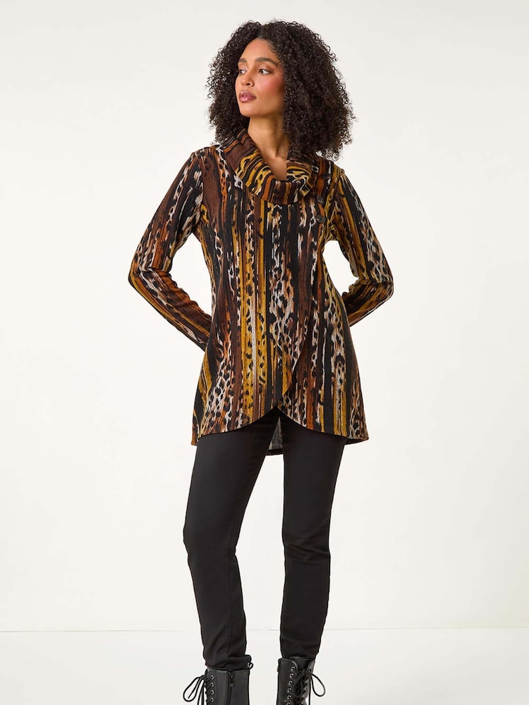 Roman Brown Animal Print Cowl Neck Tunic Top - Image 1 of 5