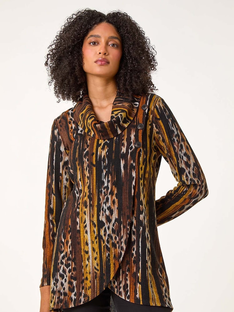 Roman Brown Animal Print Cowl Neck Tunic Top - Image 2 of 5