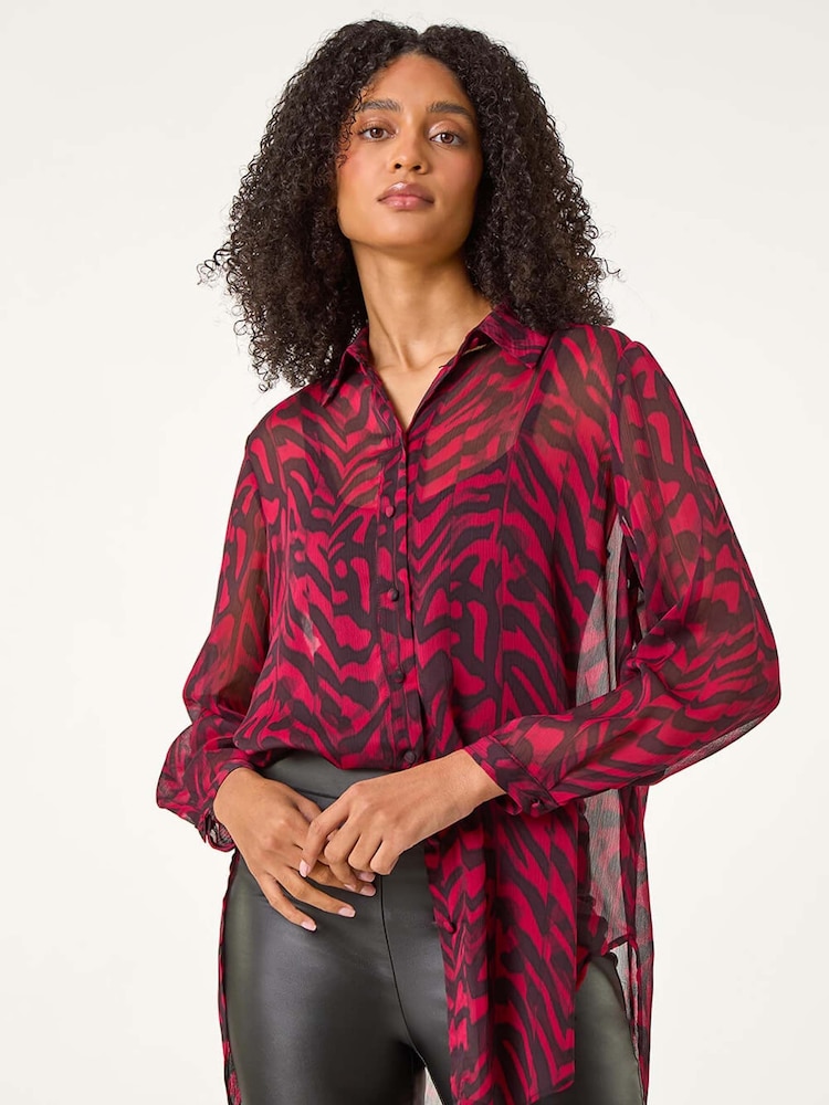Roman Red Collared Animal Print Blouse - Image 2 of 5
