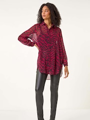 Roman Red Collared Animal Print Blouse - Image 4 of 5