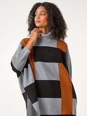 Roman Brown Colour Block Knit Poncho - Image 1 of 5