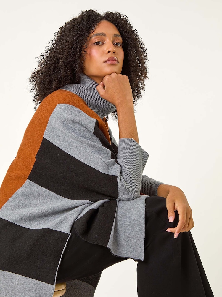 Roman Brown Colour Block Knit Poncho - Image 2 of 5