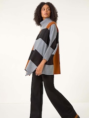 Roman Brown Colour Block Knit Poncho - Image 3 of 5