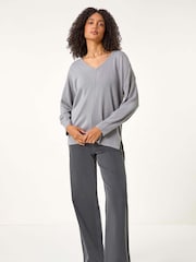 Roman Grey Soft V-Neck Side Split Knit Sweater - Image 1 of 5