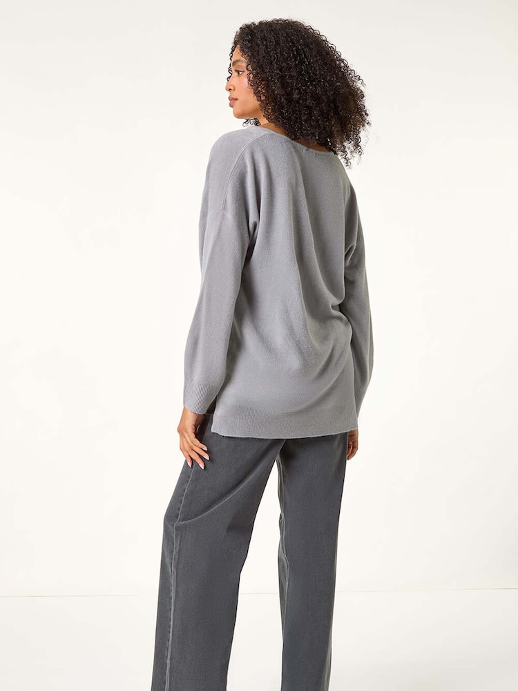 Roman Grey Soft V-Neck Side Split Knit Sweater - Image 2 of 5