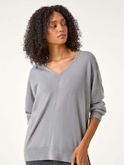 Roman Grey Soft V-Neck Side Split Knit Sweater - Image 3 of 5