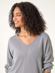 Roman Grey Soft V-Neck Side Split Knit Sweater - Image 4 of 5